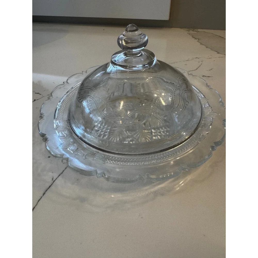 Vintage Clear Federal‎ Glass Round Butter Dish with Floral Scalloped Rim & Dome